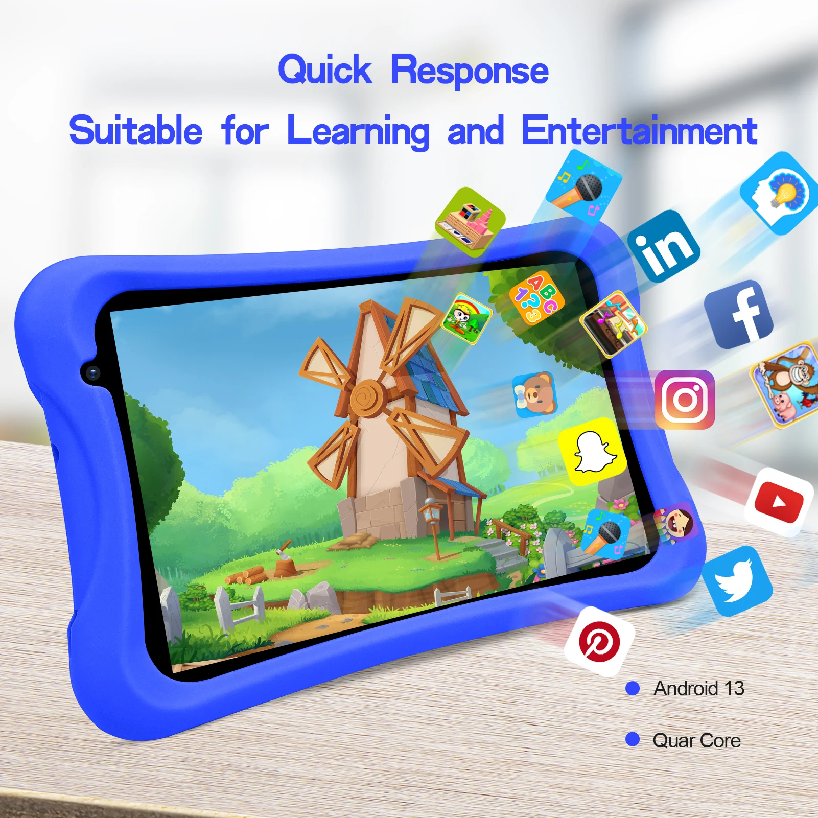 PRITOM-Kids Android 13 Go Tablet مع حافظة واقية ، معالج رباعي النواة ، 4GB ، 2 + 2 virtal ، RAM 64GB ، ROM mpe كاميرا خلفية ، 8 بوصة