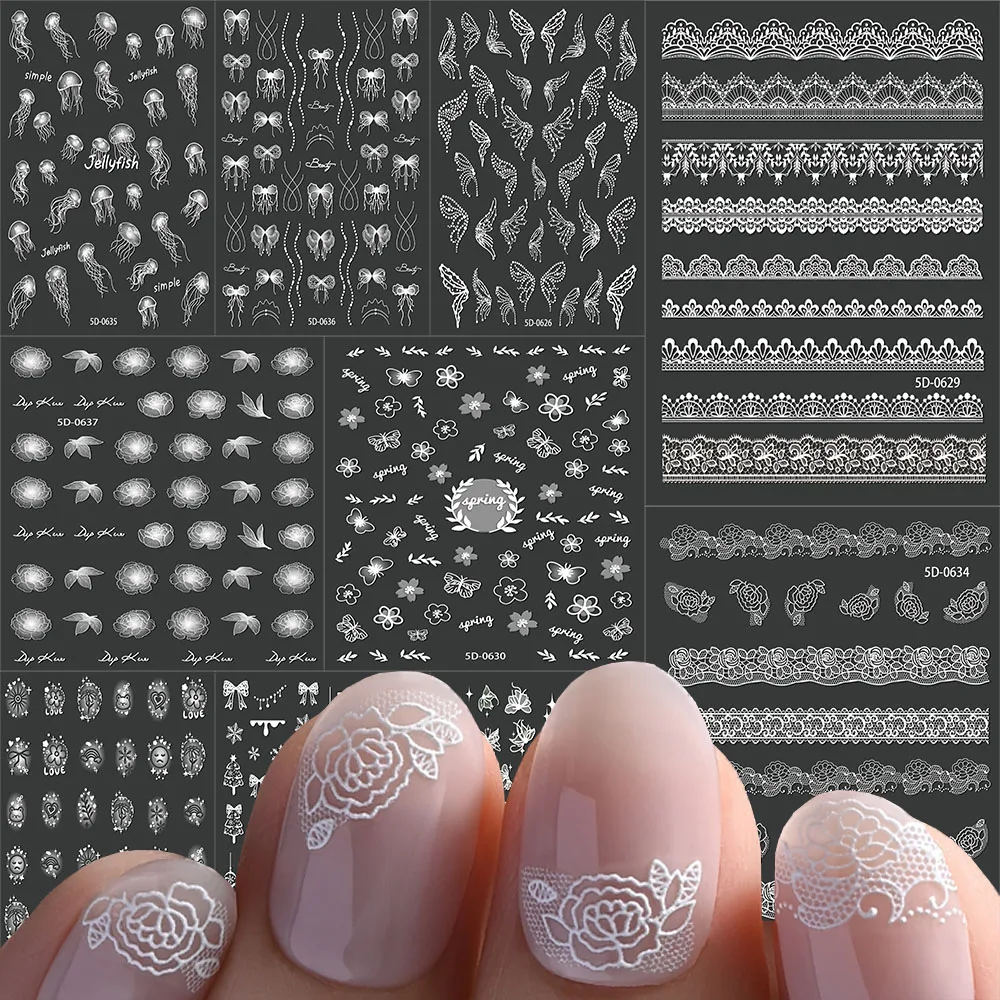 1 قطعة زهرة الدانتيل الأبيض البوهيمي نمط ملصقات الأظافر 5D مثير الدانتيل الأبيض ارتفع الأزهار مسمار الشارات DIY بها بنفسك الكورية رومانسية مسمار ملصقا #6