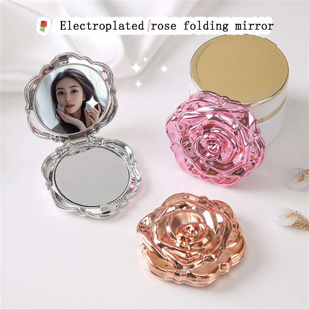 1pc Multicolor Electroplated Rose Folding Mirror Portable Makeup Mirror Exquisite For Women Pocket Handbag