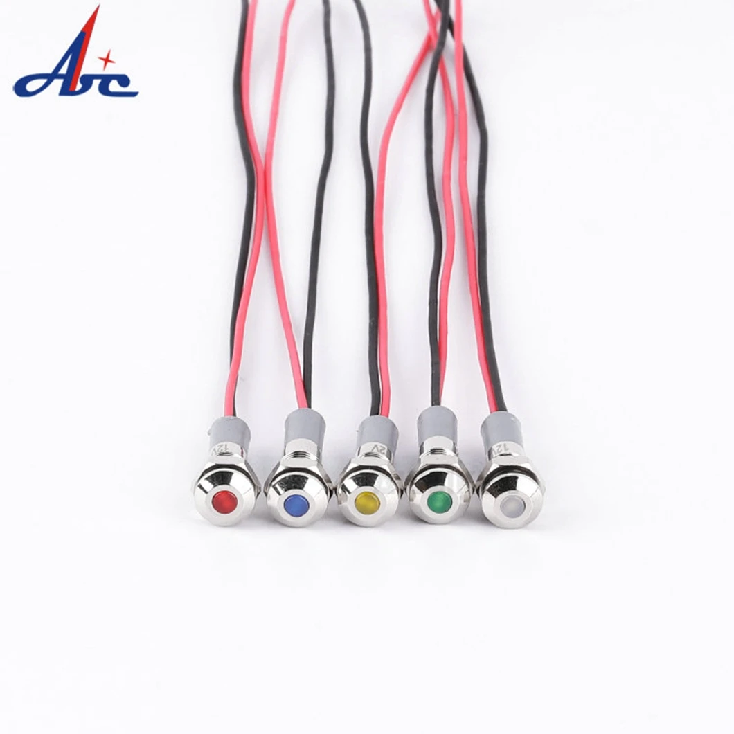 20PCS/Lot 6MM Flat Head Metal Indicator Light 3-6V/12-24V/110V/220V LED Industrial Light with 150MM Cable Signal Pilot Lamp