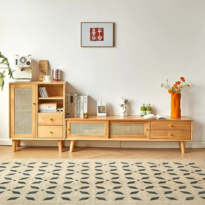 F*-Multi Storage Solid Wood TV Credenza, & 2 Drawer Media Cabinet Freestanding Indoor Living Combined Rattan Sliding Door