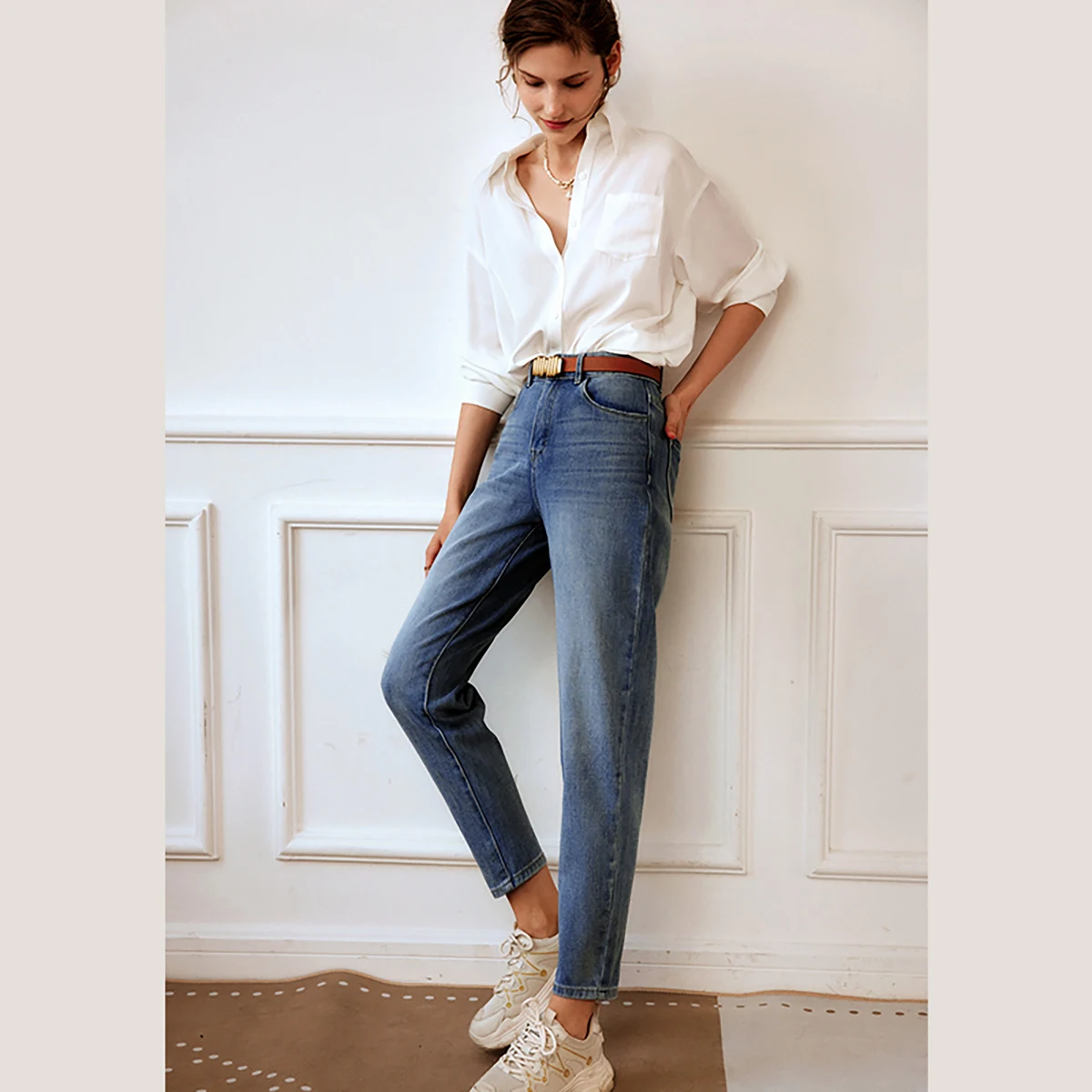 

OLrain French Denim Jeans for Woman 2025 Autumn Fall High Waist Blue Pencil Pants Ladies Trousers Casual Streetwear O22CA00510