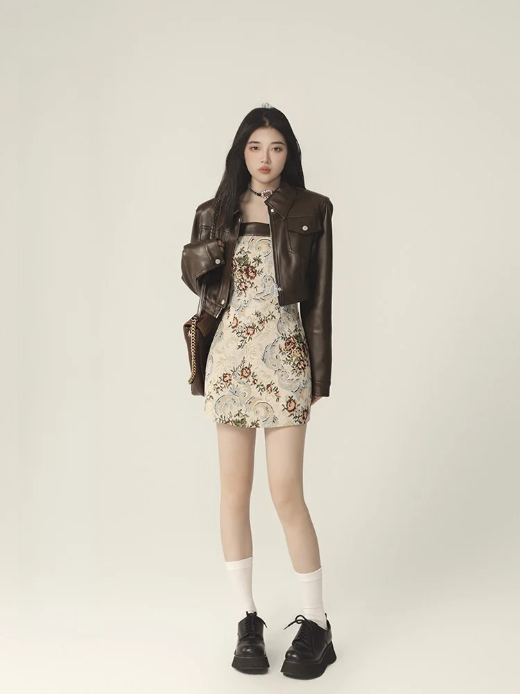 

Cool Girl Attitude Retro Brown Leather Jacket Short Women's Style Autumn Small Size Short Leather Jacket Top PU Leather