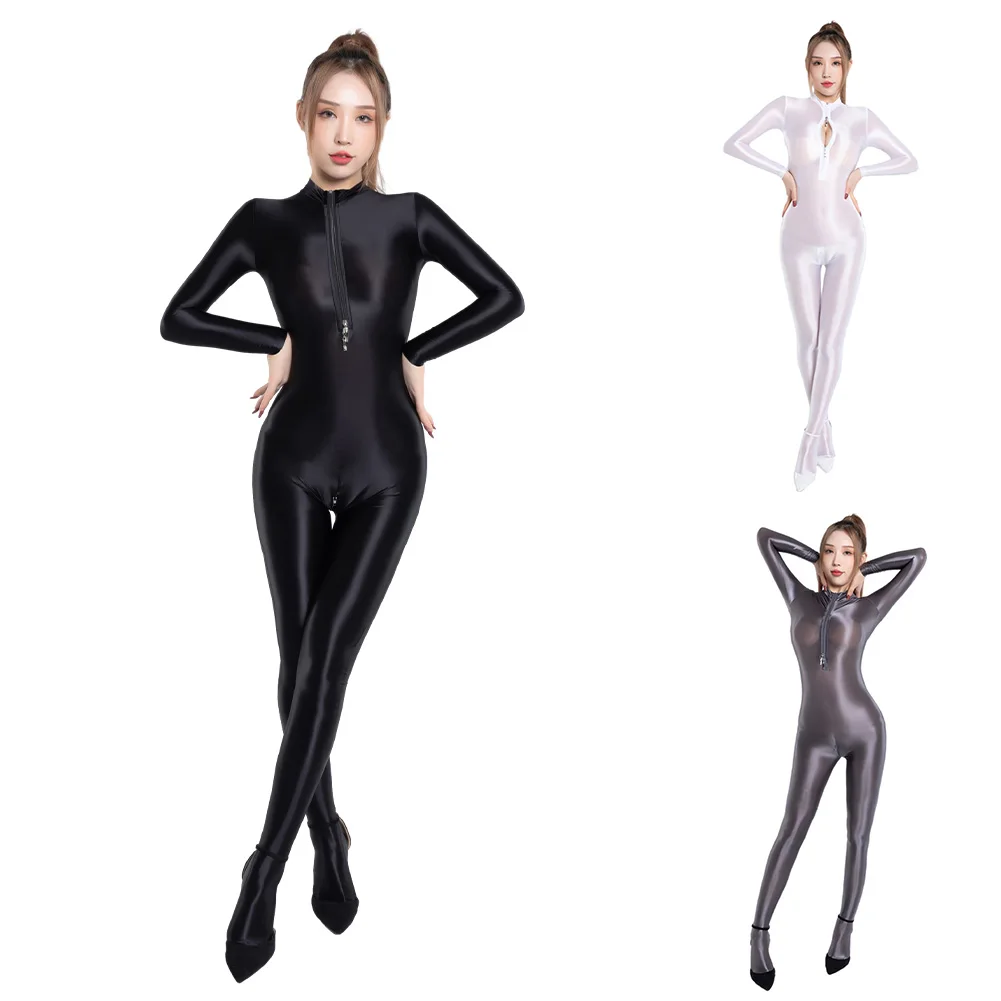 

Горячее женское боди, масляное блестящее глянцевое атласное ночное белье с мокрым эффектом, двусторонний комбинезон на молнии, униформа, искушение, одежда для сна, боди