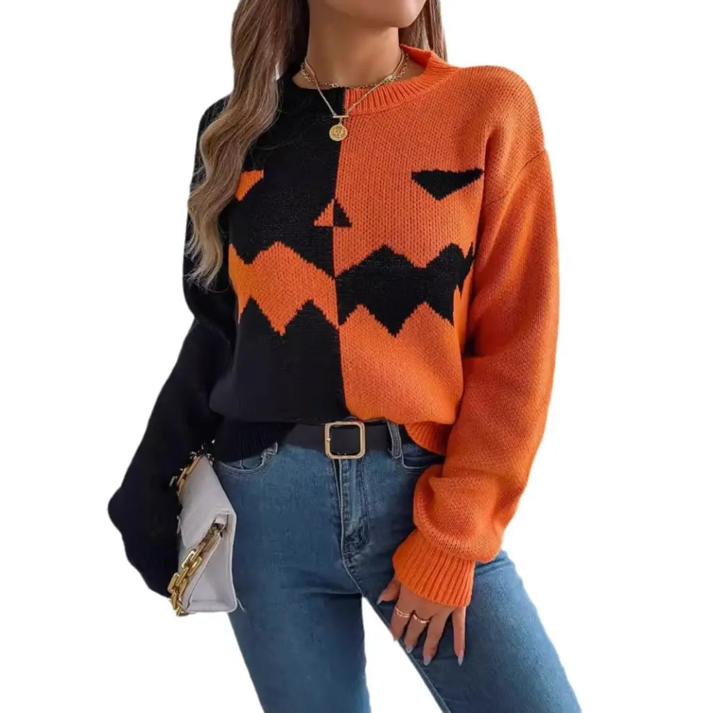 

Women's Contrast Color round Neck Long Sleeve Sweater Independent Station Wish Style for Autumn Winter Halloween