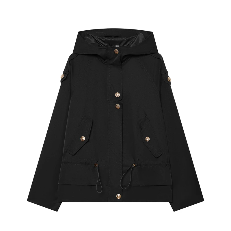 Ladies Hooded Windbreaker Short Trench Coat Drawstring Waist Metal Snap Buttons Multi Pockets Loose Daily Outer Tops