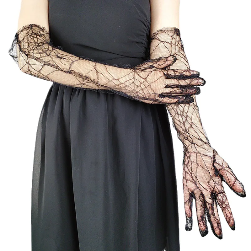 

Halloween Role Playing Summer Female Sunscreen Long Lace Sleeve Mitten Women Driving Spider Web Pattern Sun Black Glove