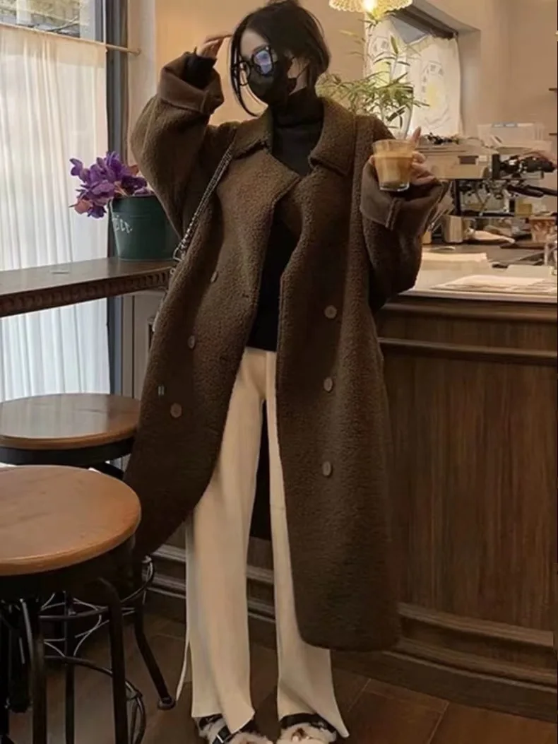 Maillard Brown Lamb Wool Jacket Imitation Fur Winter Fur One-piece Fur Jacket Thickened Long Coat