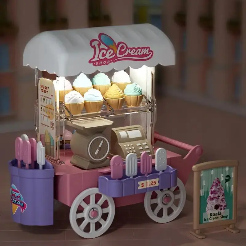 Dollhouse Scenery Decor DIY Mini Model Toy Vending Carts Miniature Scene Lighting Ice Cream Bread Sales Cart for Boys & Girls