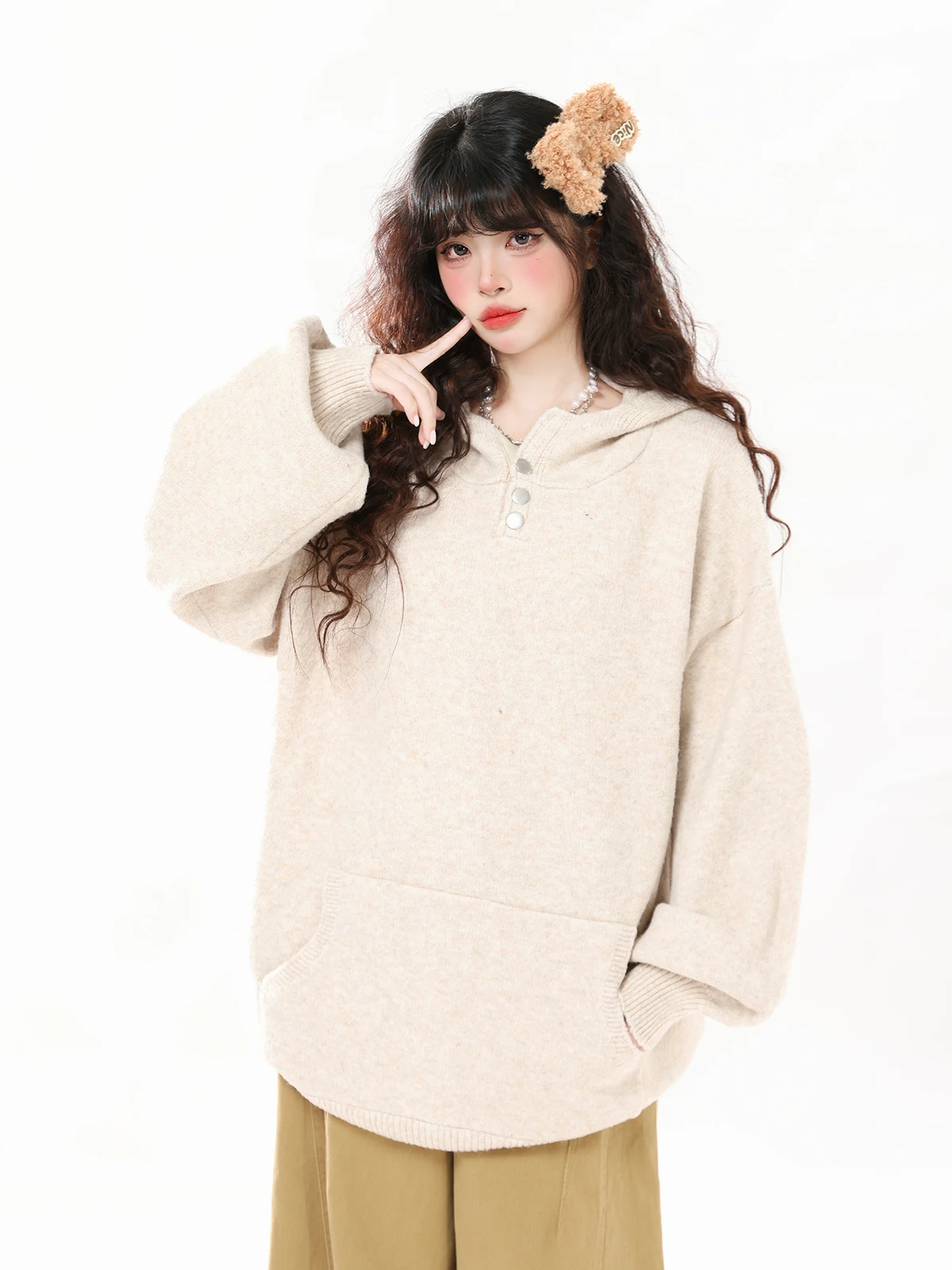 

ENJOG Ретро свитер цвета хаки с капюшоном Jaet женский осенне-зимний свободный универсальный трикотаж для ленивых пар полиэстер нейлон акрил...