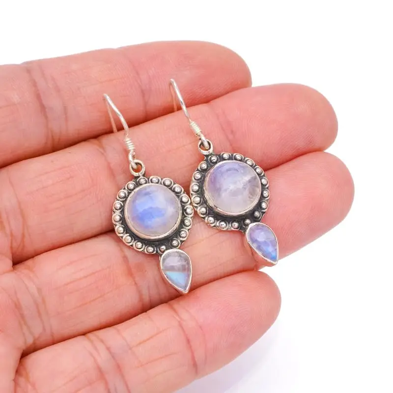 

StarGems Natural Rainbow Moonstone Handmade 925 Sterling Silver Earrings 1 1/2" F6775