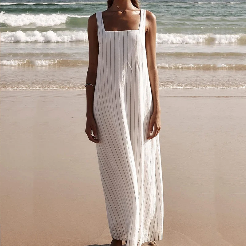 

Summer Striped Spaghetti Strap Beach Dress Casual Lady Square Collar Loose Long Dress Simple Elegant Sleeveless High Waist Dress