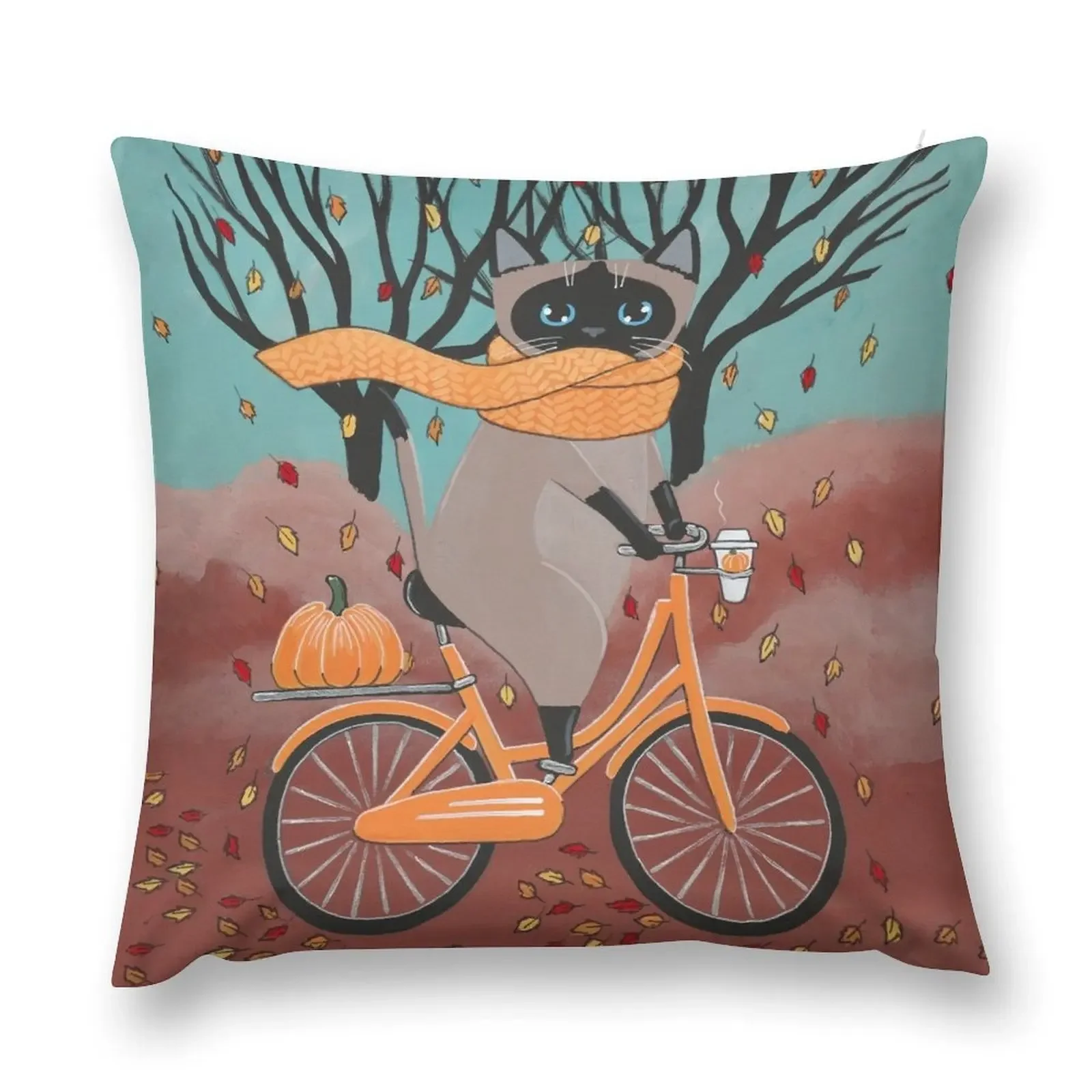 Autumn Siamese Cat Bicycle Ride Throw Pillow pillow pillowcase pillow cover luxury