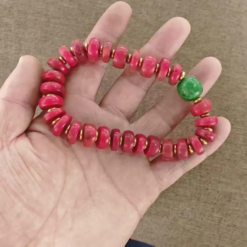 Vintage Slice‑shaped Beaded Bracelet Brass Washer Spacers Green Stone Decor Folk‑style Good‑luck Talisman Unisex Wrist Ornament