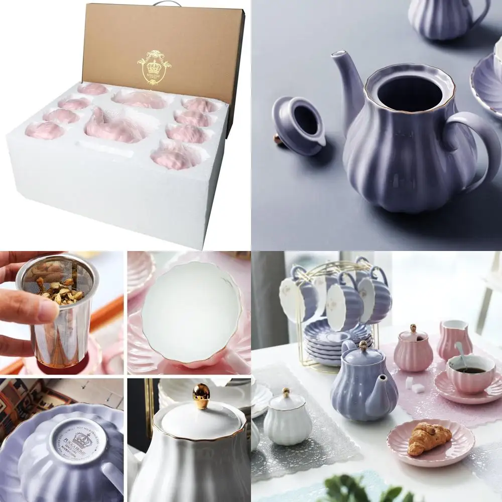 

Royal British Porcelain Tea Set, 8oz Cups & Saucer for 6, with Teapot, Sugar Bowl, Creamer, Teaspoons, and Strainer, Pukka Home