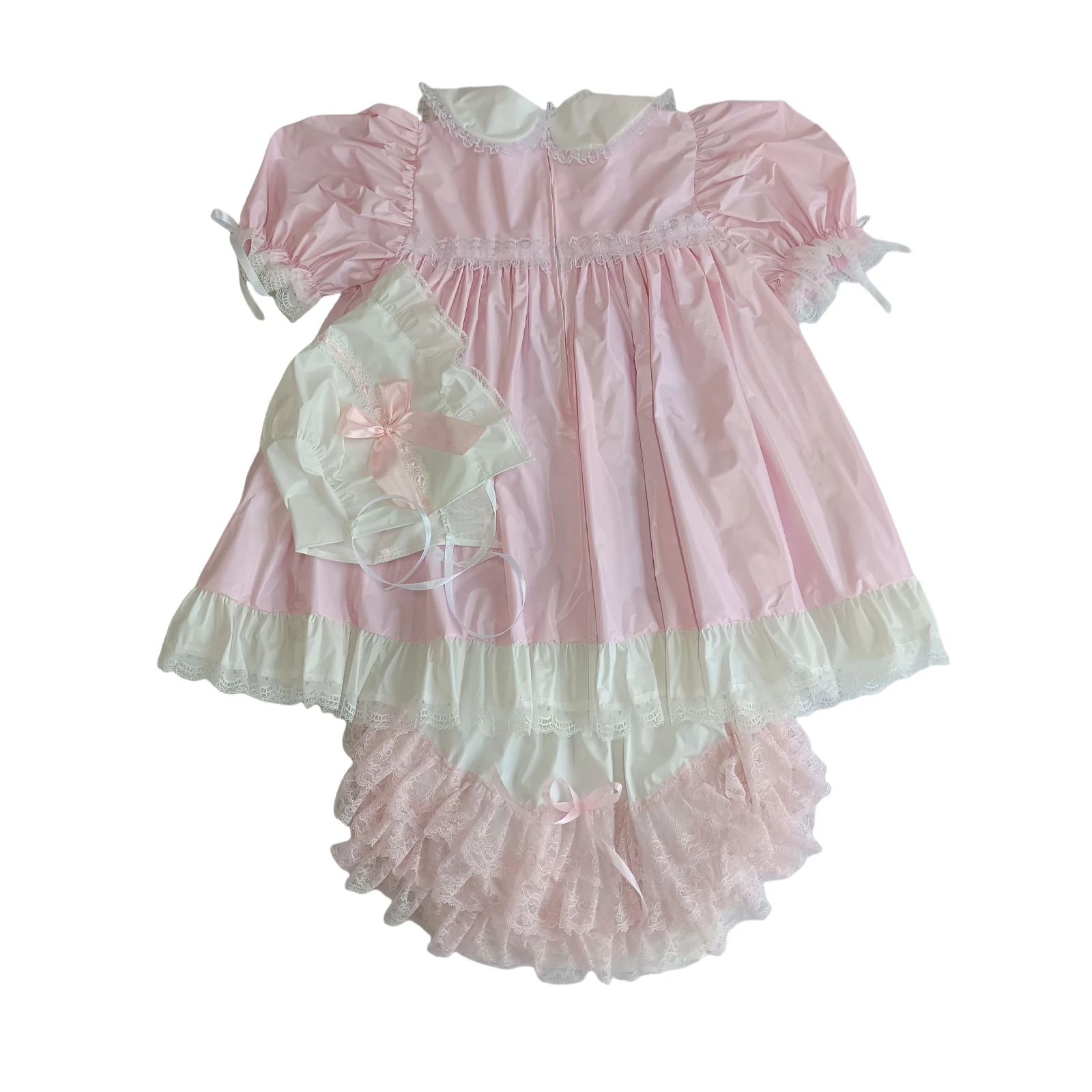 Vestido personalizado estilo Sissy para bebé adulto de PVC rosa LangKee Haian con gorro y bombachos a juego