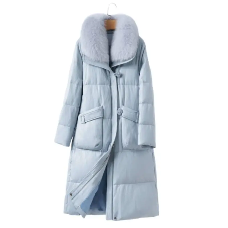 

Женская длинная кожаная куртка-пуховик, новая зимняя модная модель с воротником из меха лисы, большими карманами, толстая, теплая, повседневная, однотонная.