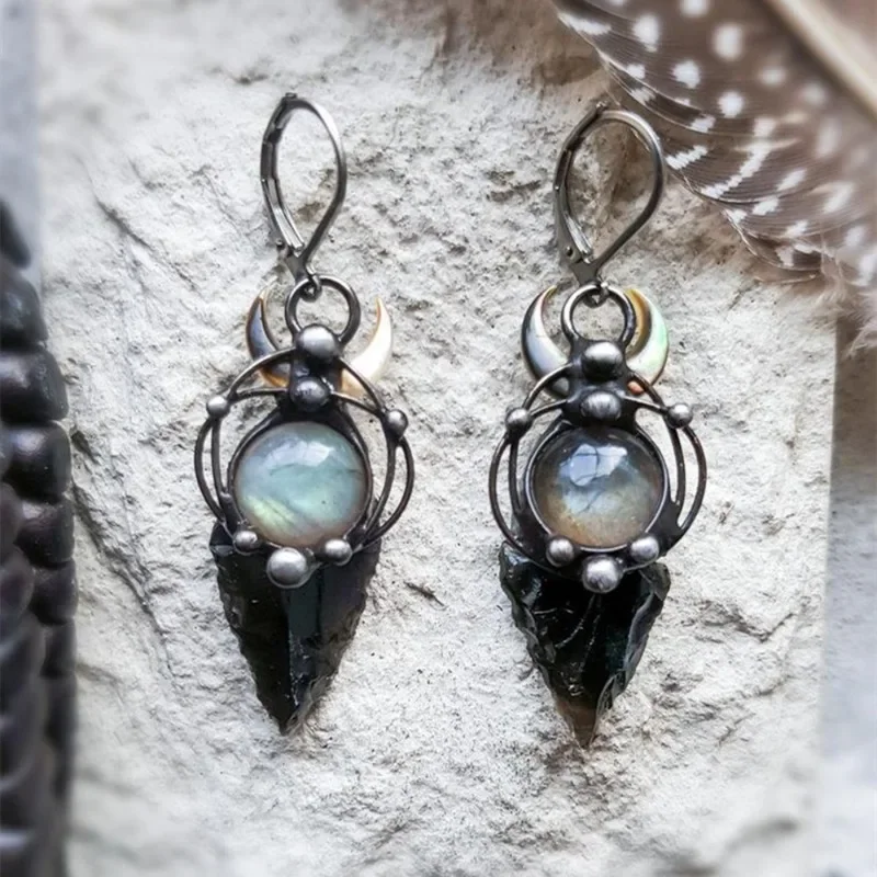Witchcraft Black Arrow Labrador Pearl Earrings for Women 2023 New Witch Jewelry Labrador Pendant Earring Party Halloween Gifts image 4