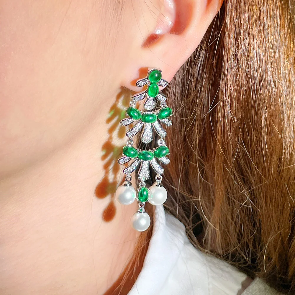 Pera Dignified Tassel Leaf and Pearl Shape Cubic Zirconia Silver Color Long Dangle Earrings for Women Costume Party Jewerly E928