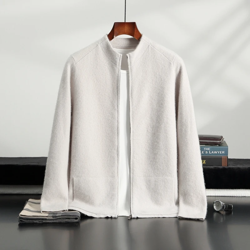 Sweter Mantel Kasmir 100% Pria Musim Gugur Musim Dingin Cardigan Tebal Kasual Mantel Elegan Mewah Olahraga Luar Ruangan Rajutan Resleting Atasan Sweter