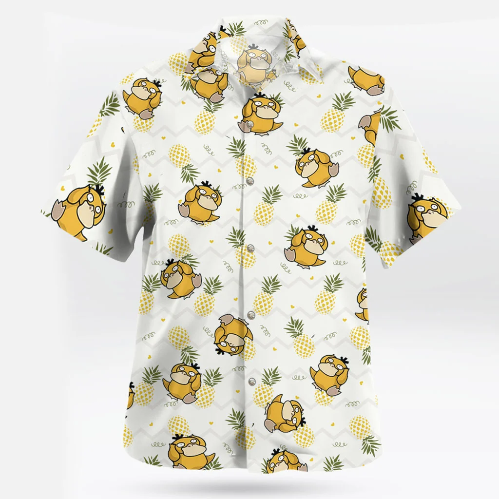 Pokémon Cute Psyduck Pineapple Pattern Hawaiian Shirt Summer Sports Leisure Men's T-Shirt Children's Clothing Tee Y2k Woman