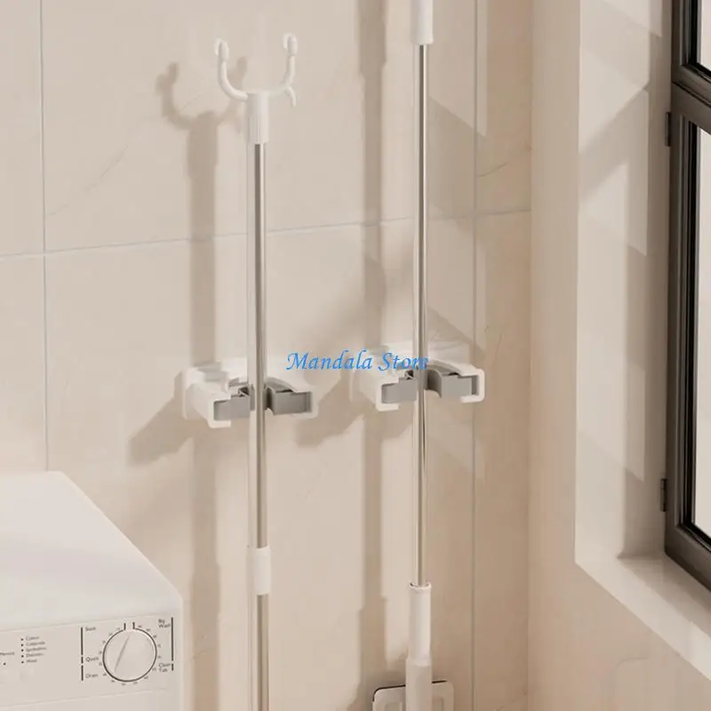 U2JC 2pcs Wall Hanging Mop Holder Storage Rack Wall Mounted Mop Brooms Organizers Self-Adhesive Mop Hanger Easily Install
