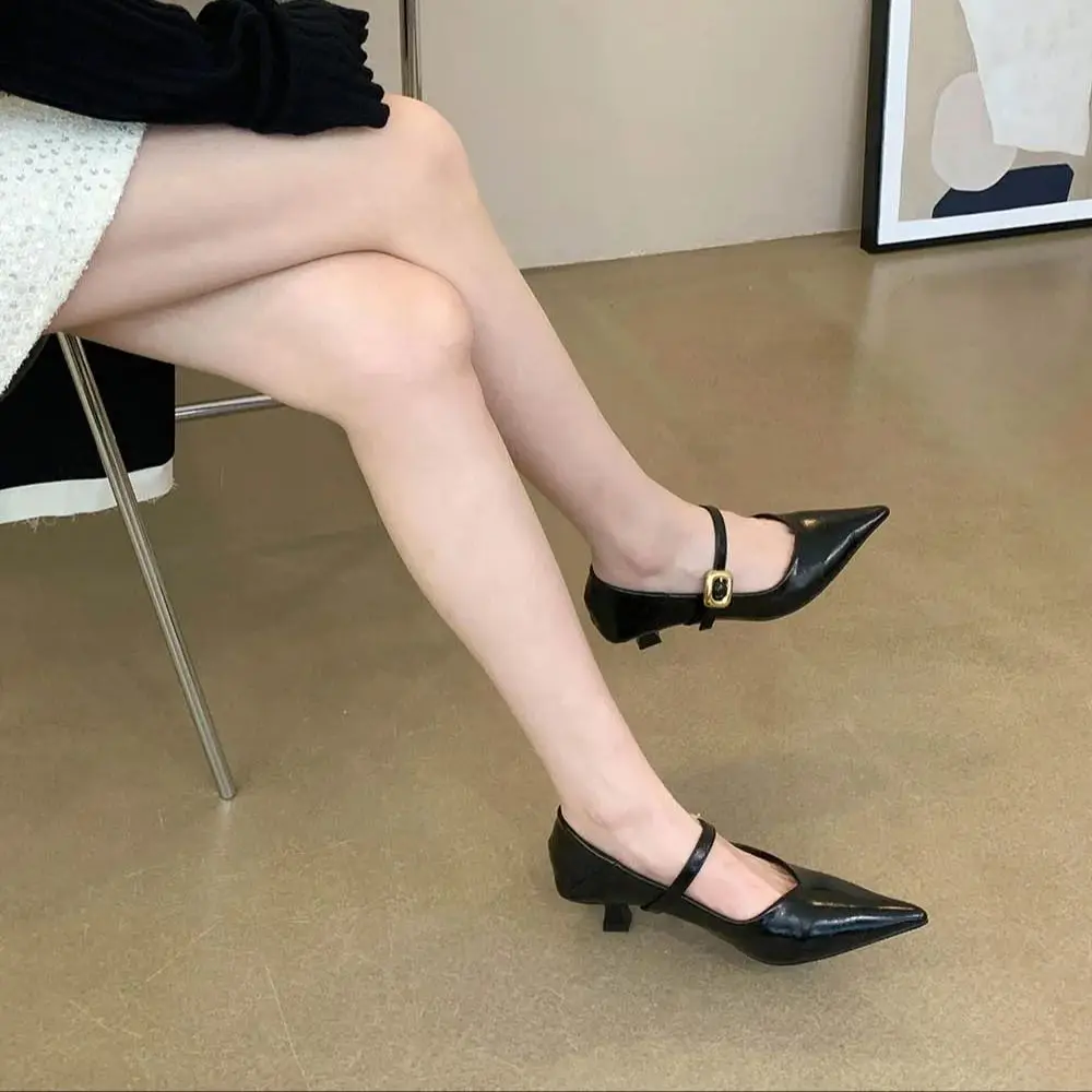 Szpiczaste buty damskie z płytkimi wsuwkami na pasku klamra cienka średnie obcasy czarno-brązowa czerwień 2024 nowości pompy robocze rozmiar 35-39