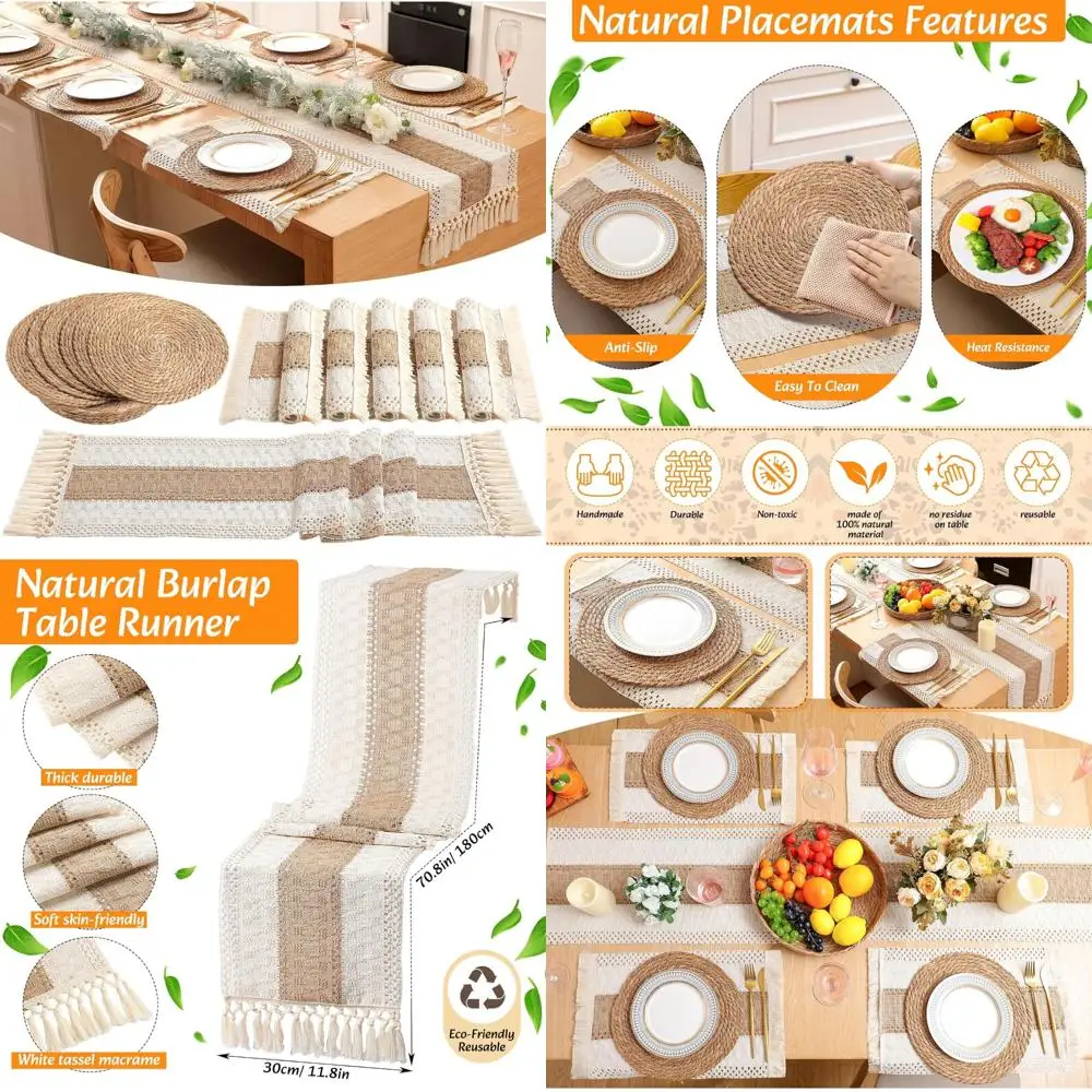 

Boho Placemats 4/6 Set of Round Woven Placemats Macrame Style Bicolor Stitching Long Table Runner Farmhouse Rustic Natural Burla