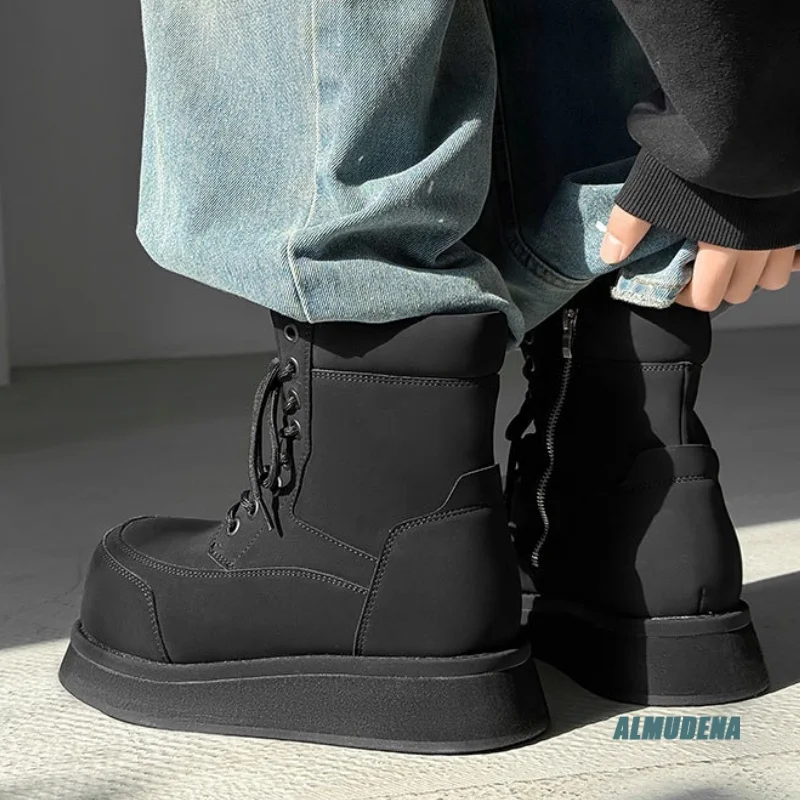 Round Toe Lace-Up Side Zipper Platform Ankle Boots Men's Black Microfiber Faux Leather Street Style Urban Outdoor Casual Shoes