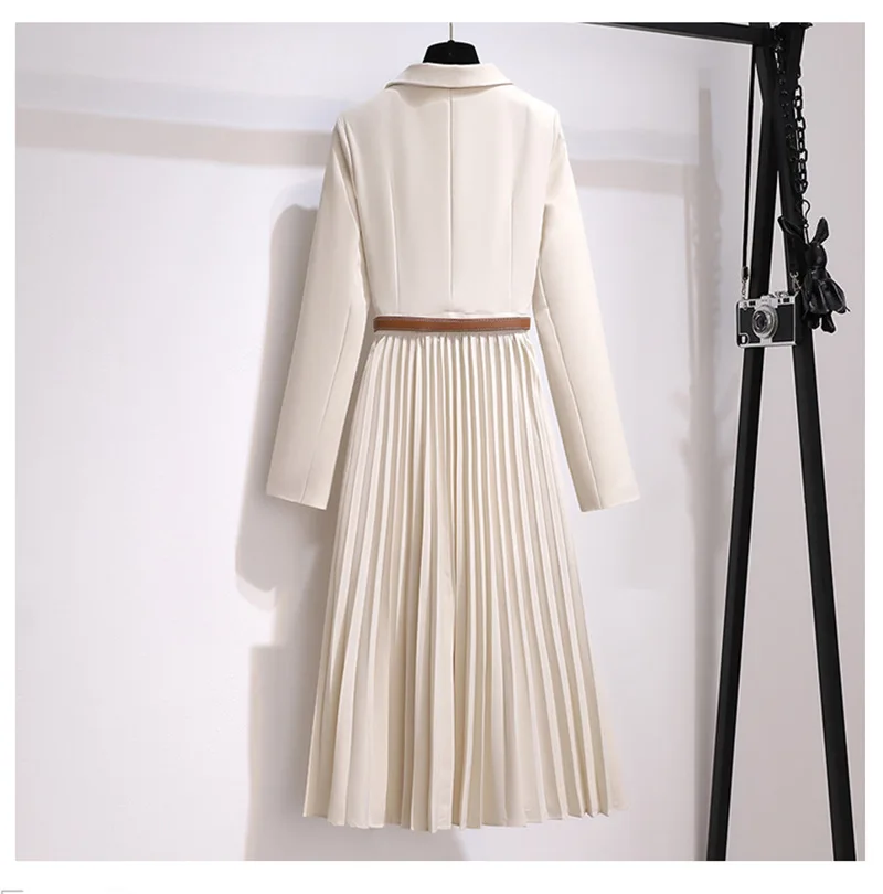 Elegant Suit Jacket Slim Pleated Suit Skirt Dresses Vintage Black Long Dress with Waistband White Office Lady Blazer Streetwear