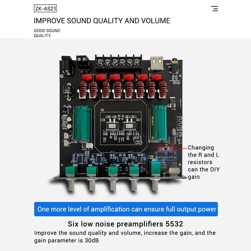 ZK-AS21 TPA3255 220WX2+350W 2.1 Channel Bluetooth Digital Audio Power Amplifier Board High Low Tone Subwoofer Amplifier Module