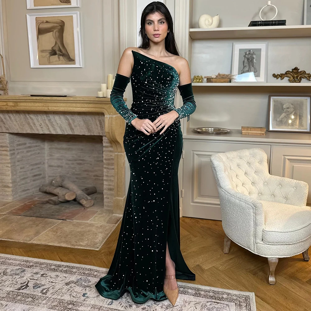

Elegant Green Pleats Velvet Pearls Mermaid Evening Dress with Side Slit Detachable Sleeves Sexy Backless Prom Gowns Customized