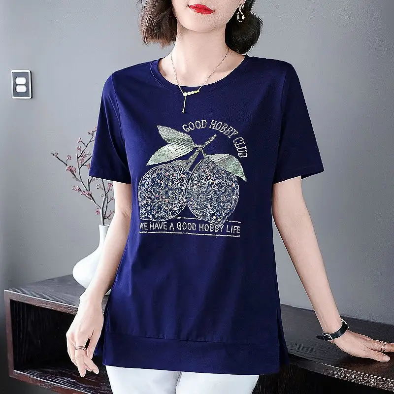 Fashion O-Neck Short Sleeve Sequined Diamonds Letter T-Shirts Women's Clothing 2024 Summer Loose Casual Tops Commuter Tee Shirt image 2