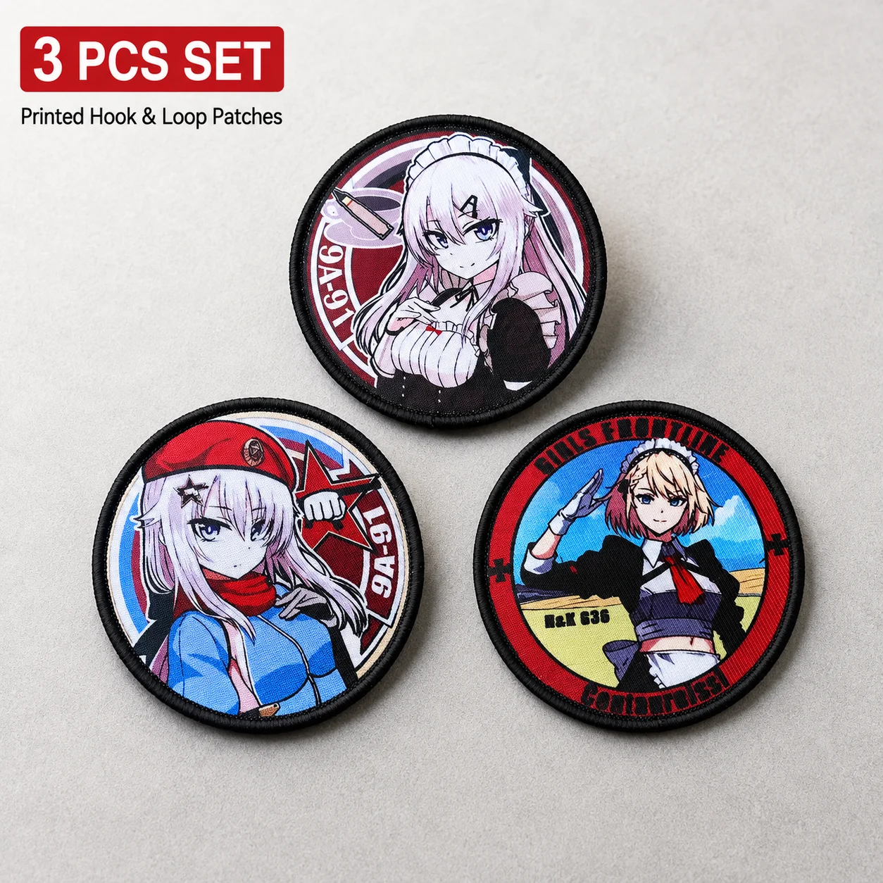 3PCS Anime Girl Tactical Patch Set Printed Hook Loop Badge Cute Cartoon Morale Patch for Backpack Hat Jacket DIY Decoration