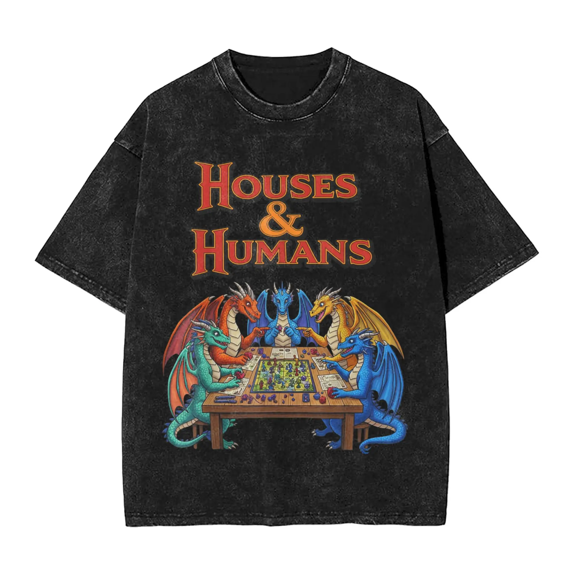 

Streetwear Washed T-Shirt Gaming Houses Humans Funny Rpg Parody Gamer Cotton T-Shirts Novelty Tshirt for Men Summer Tops