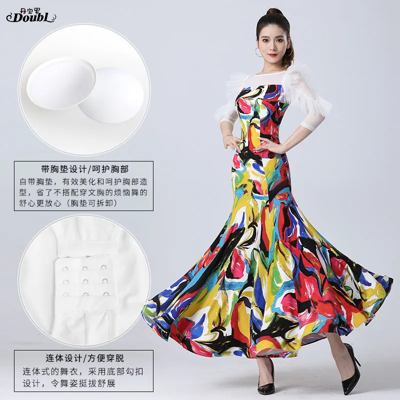 Doubl National standard dance dress three-dimensional gauze sleeve female senior contest skirt with breast pads social dance dre