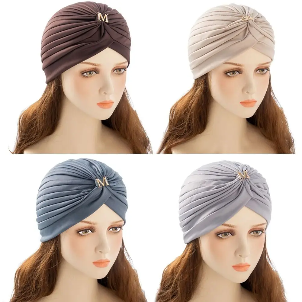 

Bandana Pleated Turban Hat Indian Style Muslim Hair Loss Head Wrap With M Lettering Head Cover Hat Women Ladies