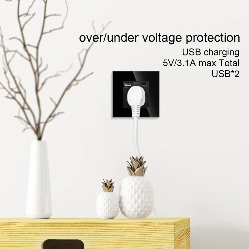 EU Standard Wall Socket with USB Type-c Light Switch Black Crystal Glass Panel Interruptor Outlet with TV network CAT6 interface