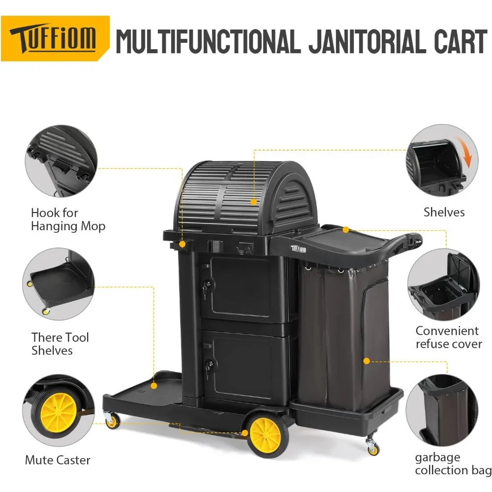 Chariot de ménage avec armoire à verrouillage à clé, chariot de nettoyage commercial à 3 étagères avec roulettes, caddie de ménage avec casier
