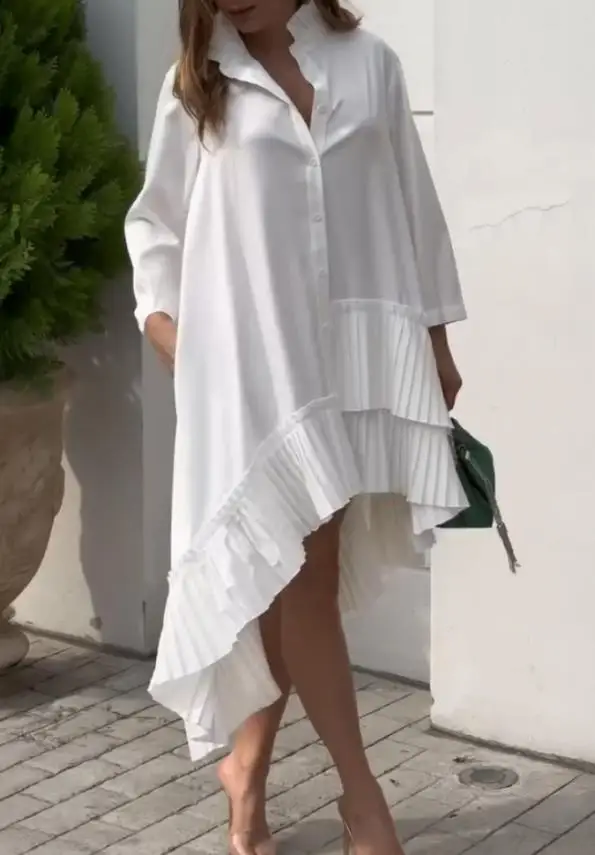 

Womens Dresses New Pleated High Neck Button Down Asymmetrical Pleated Ruffle Hem Vacation Dress Casual High-Low Hem Loose Dress