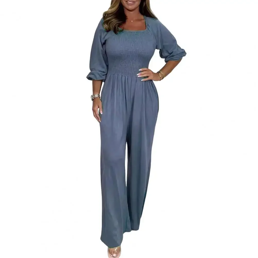 Women\'s Jumpsuit Long Sleeve Square Neck Elastic Waist Wide Leg Pants Casual Loose Women\'s Jumpsuit Jumpsuit