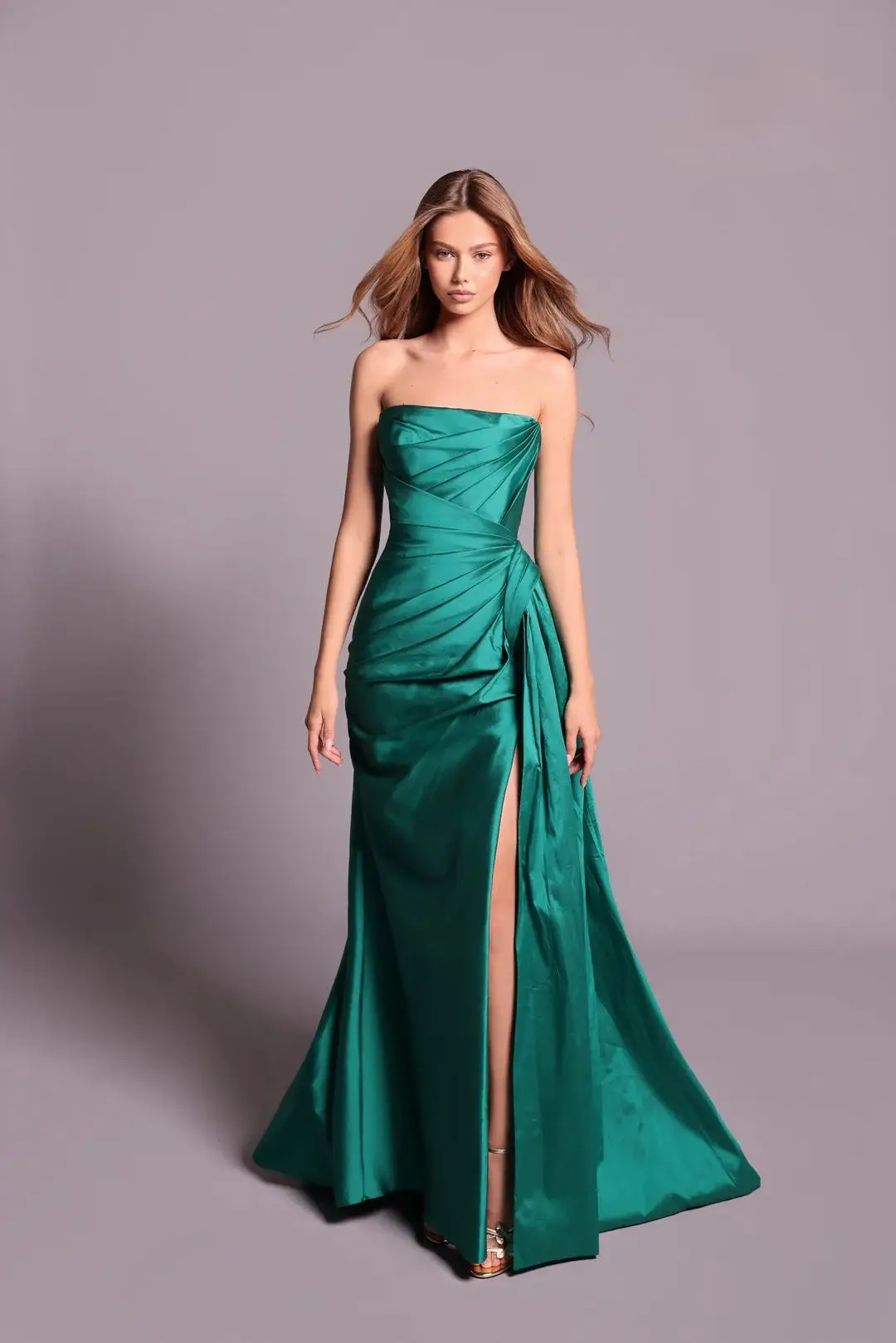 

Customized Sheath Evening Dresses Sleeveless Strapless with High Split Pleats Draped Satin Formal Party Long Prom Gowns