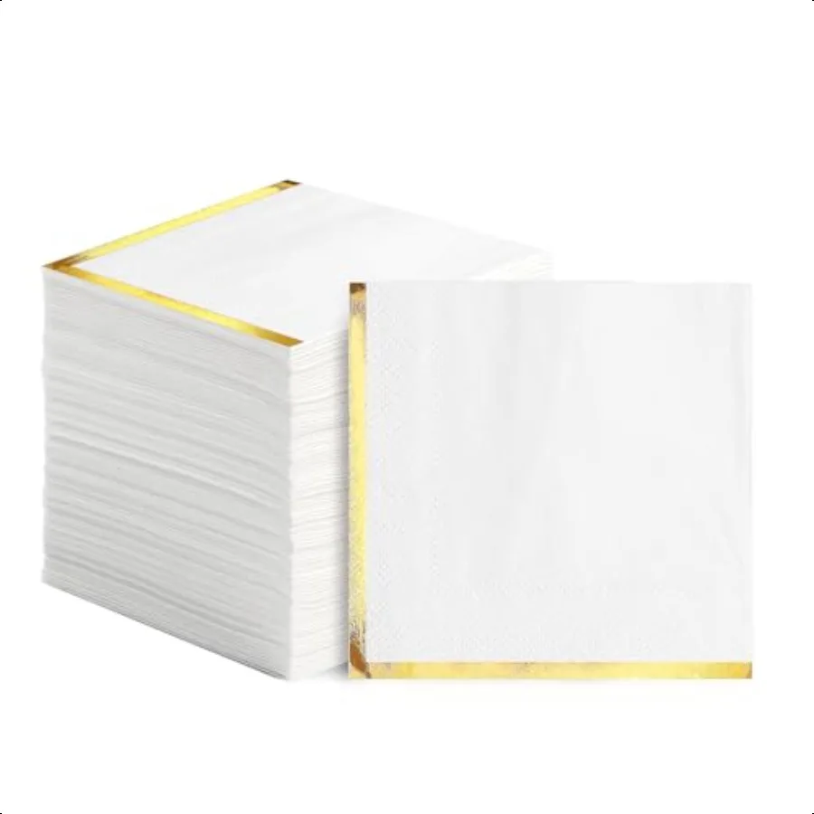 กระดาษเช็ดปากค็อกเทล 200 ชิ้น กระดาษเช็ดปากสีขาว 2 ชั้น ขอบสีทอง กระดาษเช็ดปากเครื่องดื่มลายฟอยล์สีทอง กระดาษเช็ดปากตกแต่งสำหรับงานเลี้ยงค็อกเทล