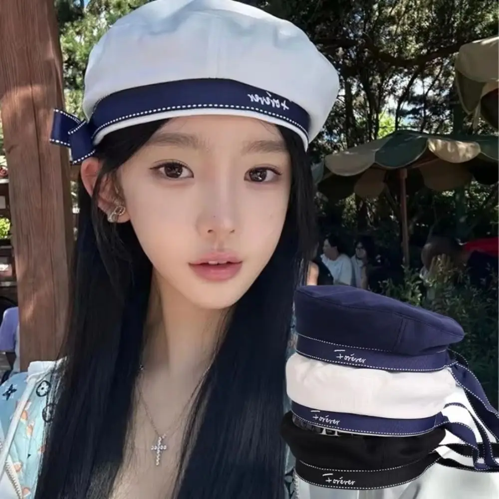 Japanese Style Sailor Hat Ribbon Bowknot Lightweight Beret Hat Letter Embroidery Breathable Painter Hat