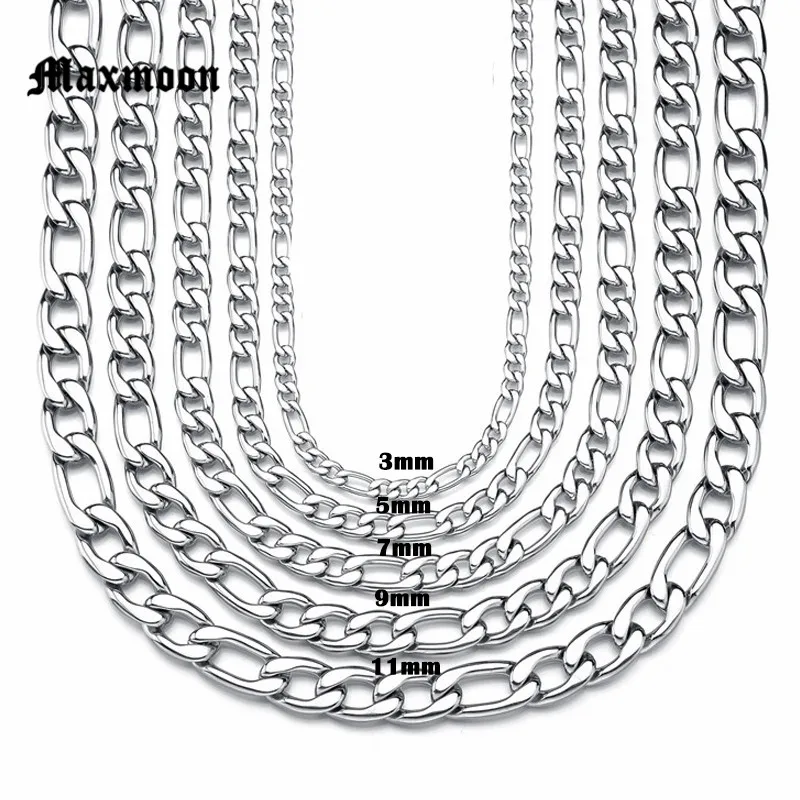 Maxmoon High Quality Width 3mm/ 5mm/7mm/9mm/11mm Stainless Steel  Cuban Chain Waterproof Men Curb Link Necklace Various Sizes