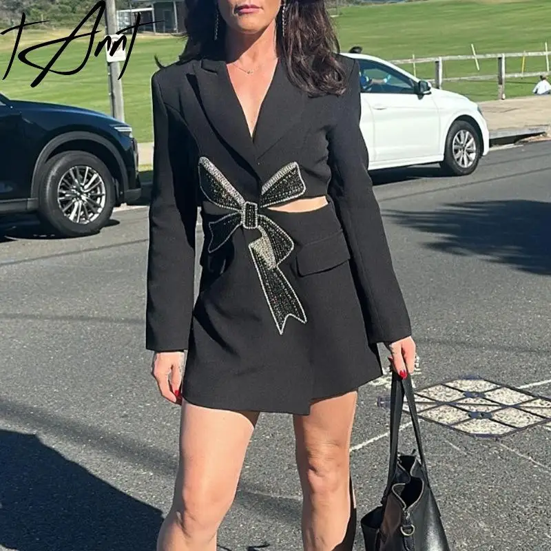 

TANNT Women Blazer 2025 Summer Diamonds Bow Full Sleeve Hollow Out Ladies Black Blazer Coat Loose Long Women's Suit Jacket