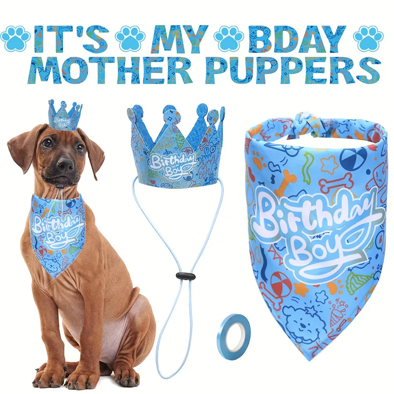 Pet Party Decoration Set Dog Birthday Hat Triangle Scarf and Banner 3 Piece Set Dog Birthday Party Pull Flag Decoration Supplies