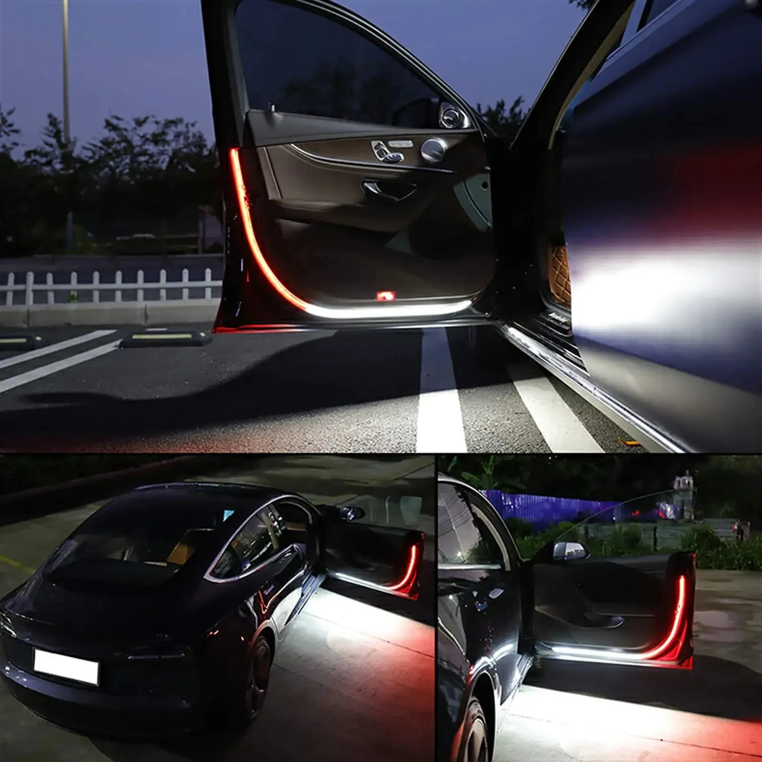 2pcs LED Car Door Opening Welcome Light Strips Flexible 120cm White Red Warning Strobe Decoration Atmosphere Ambient Lamp 12v