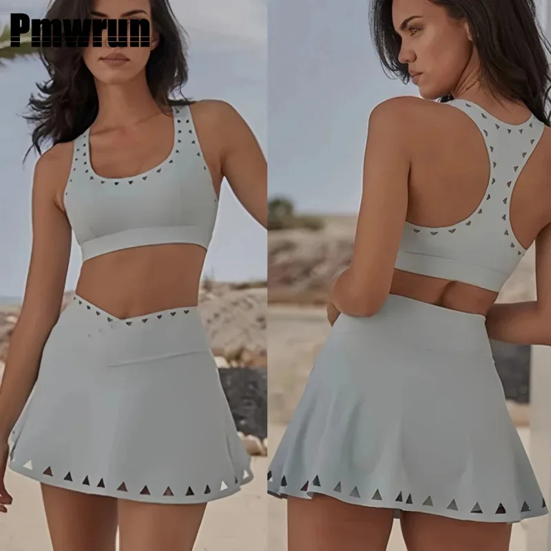 

PMWRUN Бюстгальтер для йоги Racerback с треугольными вырезами, одинаковый комплект юбки для йоги, фитнеса, тенниса, тренировок и тренировок