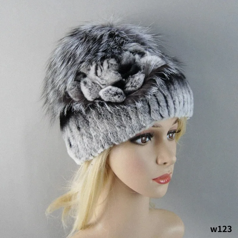 New Winter Hat Women Rex Rabbit Fur Warm Knitted Hand Sewn Floral Fox Elegant Stylish Ladies Cold Hat Furry Cap Natural Fur Hat